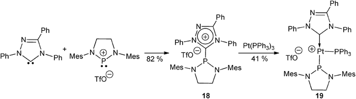 The synthesis of a [Pt(phosphane)(phosphenium/phosphide)(carbene)]+ complex 19 from the NHC–phosphenium precursor 18.39