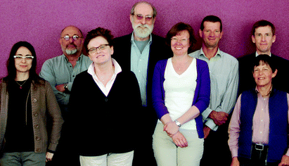 
            NJC board members in Strasbourg. Front row: Fabrizia Grepioni, Barbara Nawrot, Helen Hailes, Odile Eisenstein. Back row: Wais Hosseini (co-Editor-in-Chief), Jerry Atwood (co-Editor-in-Chief), Peter Junk (Associate Editor), Michael Scott (Associate Editor).