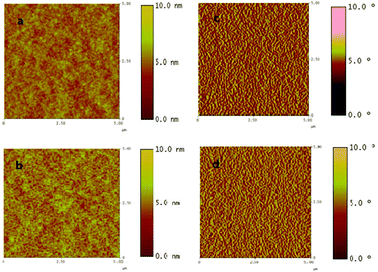 AFM images of blend films (1 : 2 weight ratio), topography of PCzDTBF:PC60BM (a) and PCzDTBF:PC70BM (b); phase images of PCzDTBF:PC60BM (c) and PCzDTBF:PC70BM (d).