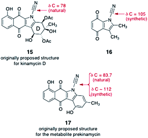 Kinamycin D [15, original (incorrect) structure], N-cyanoindoloquinone 16, and prekinamycin [17, original (incorrect) structure].