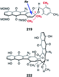 Stereochemical model for the dimerization of 219 and the structure of the open-chain isomer of lomaiviticin aglycon (222).