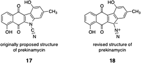 Originally proposed structure of prekinamycin (17) and revised (correct) structure (18).