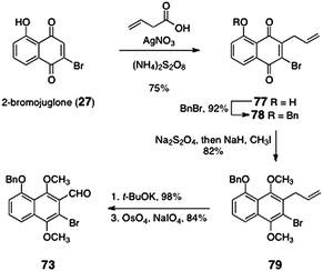 Synthesis of the ortho-bromoaryl aldehyde 73 by Nicolaou and co-workers.