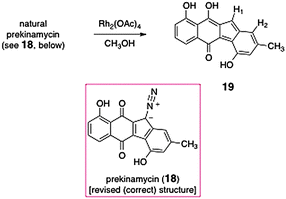 Rhodium-catalyzed cleavage of the diazo function of prekinamycin (18).