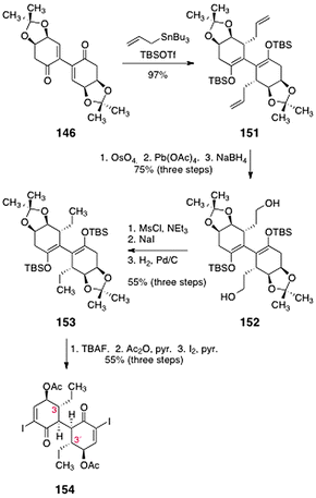 Synthesis of the C-3/C-3′-dideoxy lomaiviticin core 154 by Sulikowski and co-workers.