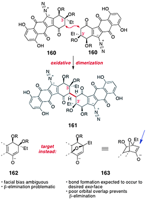 Oxidative coupling of lomaiviticin monomers 160 and formation of a 7-oxanorbornanone intermediate to circumvent β-elimination and control stereochemistry (Shair and co-workers).