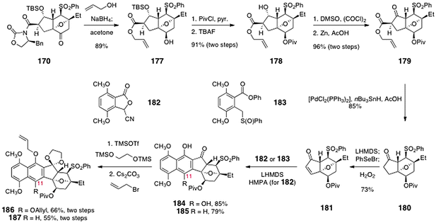 Elaboration of 170 to the annulated products 186 and 187 by Shair and co-workers.