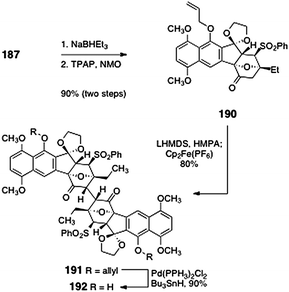 Successful dimerization of 190 to form the entire lomaiviticin carbon skeleton 191 by Shair and co-workers.