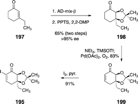 Synthesis of the α-iodoenone 195 by Nicolaou and co-workers.