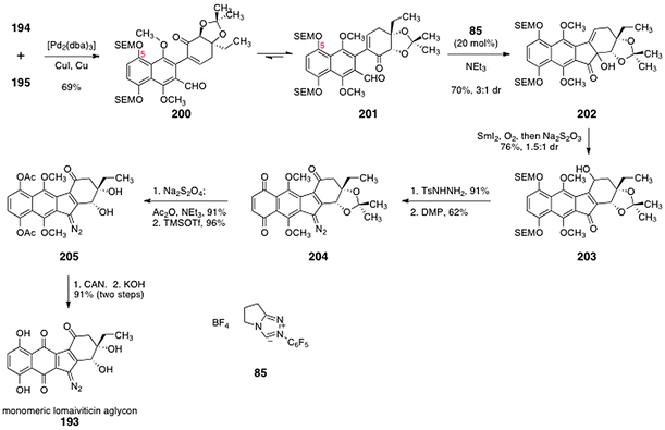 Synthesis of the monomeric lomaiviticin aglycon 193 by Nicolaou and co-workers.