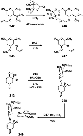 Synthesis of the lomaiviticin cyclohexenone bis(glycoside) by sequential glycosylation of the diol 212.