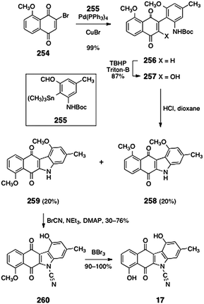 Synthesis of the originally-proposed structure of prekinamycin (17) by Echavarren and co-workers.