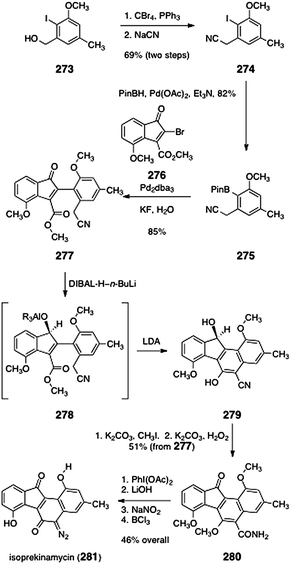 Synthesis of isoprekinamycin (281) by Dmitrienko and co-workers.