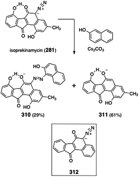 Reaction of isoprekinamycin (281) with β-naphthol under basic conditions (Dmitrienko and co-workers).
