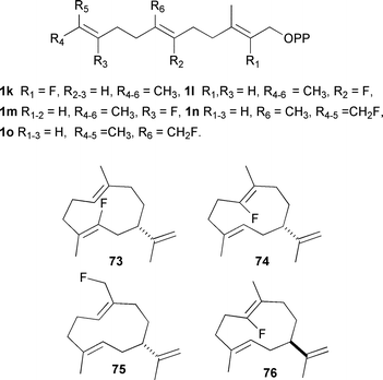 Fluorinated FDP analogues referred to in the text and some of the germacrene A analogues resulting from turnover of these analogues by sesquiterpene synthases.