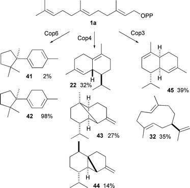 The major products generated by sesquiterpene synthases Cop3 and Cop6 from Coprinus cinereus.