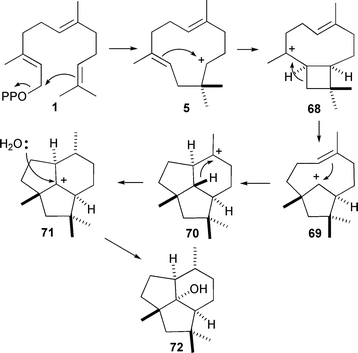 Mechanism for the biosynthesis of presilphiperfolan-8β-ol (72).