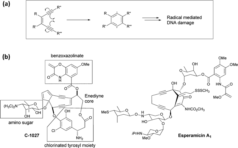 (a) A schematic for cyclisation of an enediyne to a benzenoid 1,4-diradical intermediate, followed by abstraction of two hydrogen atoms to yield a 1,2 disubstituted benzene. (b) The structure of the enediyne natural product C-1027 with its four component parts noted. Also shown is the structure of esperamycin A1.