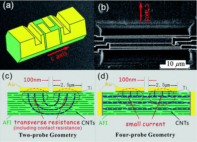 (a) Cartoon picture of the sample. Yellow denotes gold and green denotes the AFI crystal surface exposed by FIB etching. Nanotubes are delineated schematically by open circles. (b) SEM image of one sample. The c-axis is along the N–S direction. The thin, light, horizontal line in the middle is the 100 nm separation between the two surface voltage electrodes that are on its two sides. The dark regions are the grooves cut by the FIB and sputtered with Au/Ti to serve as the end-contact current electrodes. (c) and (d) show schematic drawings of the two-probe and four-probe geometries, respectively. Blue dash lines represent the current paths. In (d), the two end-contact current pads are 4 µm in depth and 30 µm in width. The difference between the two-probe and the four-probe measurements is the transverse resistance, delineated by the red circles in (c). Adapted from ref. 20.