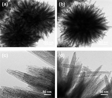 
            TEM images of (a), (b) nanoflowers and (c), (d) petal like structures originating from the nanoflowers.