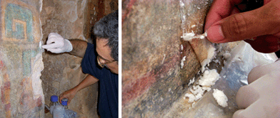 The picture on the left illustrates the application procedure of the EAPC system. A cellulose poultice impregnated with EAPC is applied over the painting surface, previously protected with a Japanese paper tissue. On the right, the removal of the poultice after the cleaning procedure is shown.