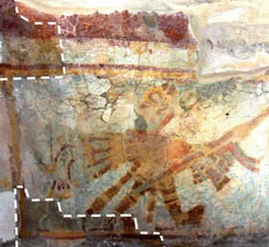 A particular of the wall paintings “de los discos solares” in Mayapan (Mexico), after the removal of the polymer coating by using the EAPC system. The dashed boxes highlight small areas that were not cleaned and left untreated as a reference.