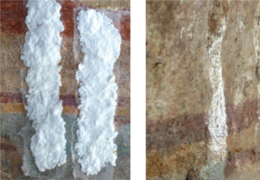 On the left, application of EAPC and XYL systems for test experiments on the paintings “de los discos solares” in Mayapan, Mexico. On the right, the same area is observed after the removal of polymer coating. Under glazing light, the disappearance after treatment of the shining effect due to the coating can be appreciated. The presence of the polymer is evident in narrow strip that was left untreated.