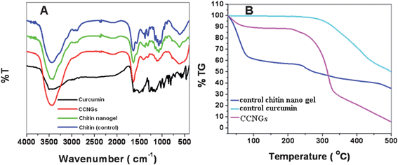 (A) FTIR spectra and (B) TG analysis of the synthesized materials.