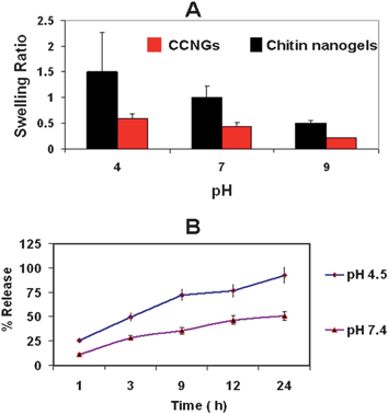 A: Swelling ratios of CCNGs in comparison to control CNG. B: Curcumin release from the nanogels at different pH.