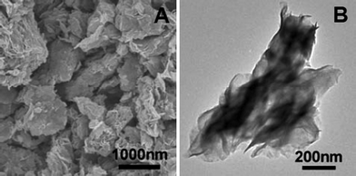 (A) SEM and (B) TEM images of the MoS2 flakes obtained without adding PS microspheres.