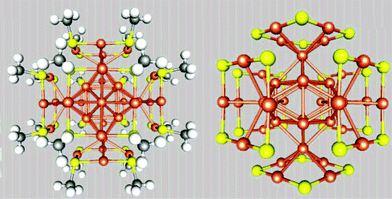 Structural model for Au38(SMT)24 proposed by Häkkinen et al.. Au, orange-brown; S, yellow; P, red; Cl, green; C, dark gray; H, white. The right hand model has the MT groups removed. Reprinted (adapted) with the permission of ref. 63. Copyright 2006 American Chemical Society.