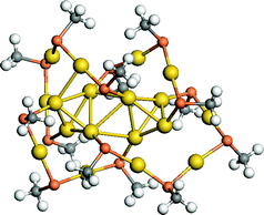 (a) Structural model for Au18(SR)14 with –R is simplified by a methyl group. S atoms are in red, C atoms are in gray, and H atoms are in white. Au atoms in the dimer and trimer motifs are in orange and the core Au atoms are in yellow. Reprinted (adapted) with permission from ref. 110. Copyright 2012 Royal Society of Chemistry.