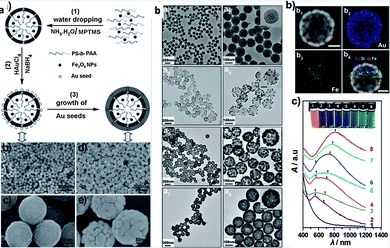 (a) Scheme of fabrication of Fe3O4@hybrid@Au nanoparticles; (b) TEM images and UV-vis-NIR spectra of nanostructure in different procedures.68