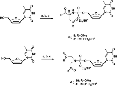 Reagents and conditions: (a) POCl3, PO(OMe)3, 0 °C, 3 h; (b) (l-Asp)Me2·HCl or (IDA)Me2·HCl, n-Bu3N, DMF dry, 0 °C to rt, 3 min; (c) 1 M TEAB, rt, 30 min; (d) 0.4 M NaOH in MeOH/H2O 1 : 2, rt, 4 h.