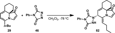 
            Ene reaction of indolizinone 29 with PTAD.