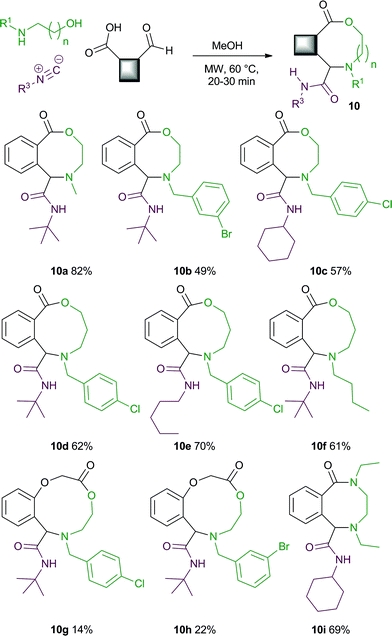 3-CRs of acid-aldehydes, amino alcohols and isocyanides to give medium ring lactones.