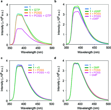 Emission changes of 10 μM 1 in the presence and absence of 100 μM G2 POSS-core dendrimers by adding 100 μM guanosine nucleotides in water at 25 °C. Excitation wavelength was 330 nm.