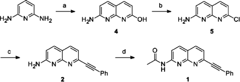 Synthetic scheme for the naphthyridine derivatives. Reagents and conditions: (a) Malic acid, 95% H2SO4, 110 °C, 3 h, 92%; (b) POCl3, reflux, 4 h, 33%; (c) ethynylbenzene, PdCl2(PPh3)2, CuI, triethylamine, THF, r.t., 16 h, 30%; (d) acetic anhydride, chloroform, r.t., 3 h, 80%.