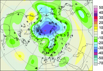 Percent average reduction in total ozone over the northern hemisphere for March 2011. The highest loss (more than 80%) was observed between 18 and 20 kilometres above sea level over the Arctic. The map was produced by the WMO Northern Hemisphere Ozone Mapping Centre in Thessaloniki, Greece, by combining data from the GOME-2 satellite and Brewer/Dobson ground-based measurements. Reductions were computed relative to 1979–1981 average derived from TOMS total ozone measurements.