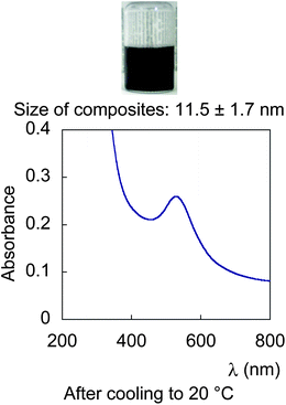 
          UV-vis spectra for aqueous solutions of RF–(DOBAA)x–(ACMO)y–RF [10 g dm−3]/Au nanocomposites after cooling from 50 to 20 °C.