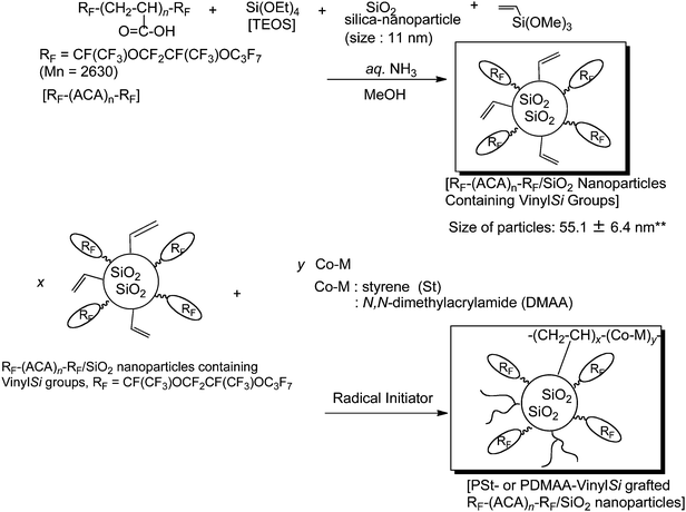 Preparation of fluoroalkyl end-caped acrylic acid oligomer [RF–(ACA)n–RF]/silica nanocomposites containing vinyl groups and polystyrene or poly(N,N-dimethylacrylamide) grafted RF–(ACA)n–RF/SiO2 nanocomposites.