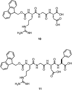 Chemical structures of Fmoc-RGD and Fmoc-RGDF.