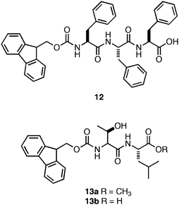 Chemical structures of Fmoc-Phe-Phe-Phetripeptide and Fmoc-Thr-Leudipeptide derivatives investigated by Ulijn et al.111