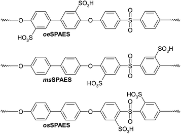 SPAESs with different positions of the sulfonic acid groups along the polymer backbone, including post-sulfonated polymers with the sulfonic acid groups placed in ortho positions to the ether bridges (oeSPAES), statistical copolymers with the sulfonic acid groups placed in meta positions to the sulfone bridges (msSPAES) and statistical copolymers with the sulfonic acid groups placed in ortho positions to the sulfone bridges (osSPAES). Notably, the latter two copolymers contain statistically distributed disulfonated diarylsulfone units, while the former contains both mono- and disulfonated diarylether units.