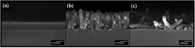 Cross-sectional FE-SEM images of the 50 nm thick ZnPc films (a) as-deposited, (b) acetone/water (94 : 6 vol%) spray-treated, and (c) acetone-100% spray-treated.