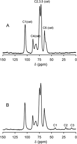 
            13C CP/MAS NMR spectra of initial cellulosic pulp (A) and of cellulose/silica hybrid functionalized with PVMo11 (B).