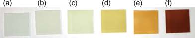 Photographs of ZnO–rod/FTO(a) and ZAIS(x)/ZnO–rod/FTO (b–f) electrodes. The x values of immobilized ZAIS(x) are 0.4 (b), 0.6 (c), 0.8 (d), 0.9 (e) and 1.0 (f).