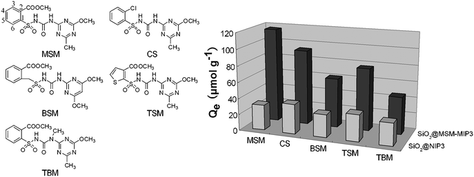 Binding selectivity of SiO2@MSM-MIP3 and SiO2@NIP3. The measurements were carried out by suspending samples (20 mg) in chloroform (5 mL) with MSM, CS, BSM, TSM and TBM individual solutions at the 2 mmol L−1 level. Before the measurement, the samples were incubated for 60 min at room temperature on a reciprocating shaking-table.