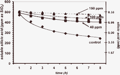 The effect of PEG-4000 (at 40, 100 and 150 ppm levels) on silicic acid stabilisation during an 8 h period.