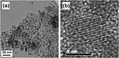 (a) TEM image of as-prepared CdSe QDs and (b) a high resolution image.
